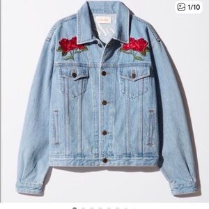 Aritzia Light Blue Denim Jacket with Red Floral Embroidery